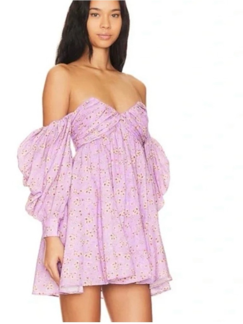 Bardot Off-Shoulder Lavender Floral Mini Dress